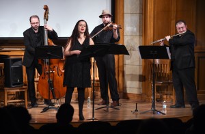 From left, Dmitry Ishenko, Sasha Lurje, Craig Judelman and D. Zisl Slepovitch perform at the Songs from Testimonies at the Fortunoff Video Archive concert at Sudler Recital Hall at Yale University on March 30, 2019. Photo © Arnold Gold